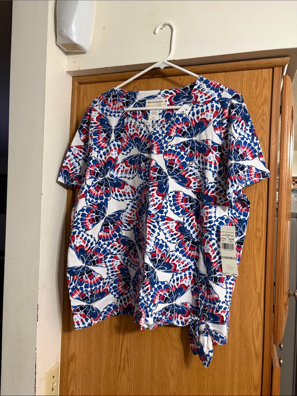 White Top with Blue & Red Butterfly Print
